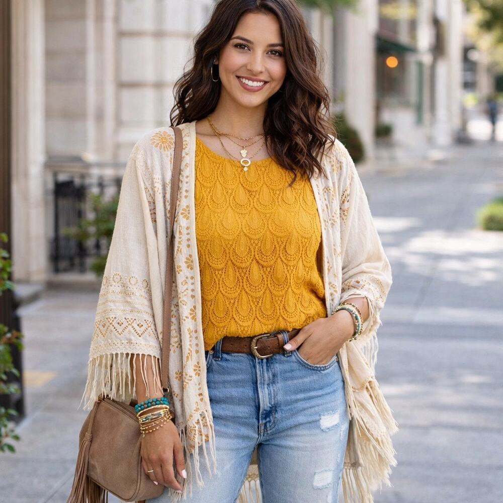 Isela Mustard‎ Lace Front Women Medium Boho Romantic Scoop Neck Stretch Blouse